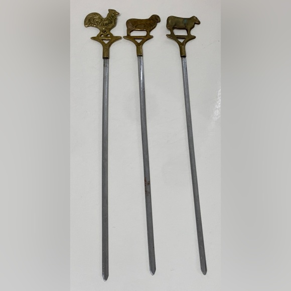 Mid Century Vintage (set of 3) Brass Figural Animal Finial Stainless Skewers - Picture 13 of 16